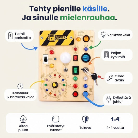 Montessori-aktivitetsbrett i tre med brytere og fargede lys