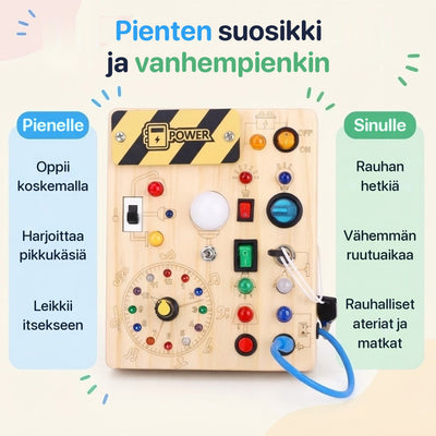 Montessori-aktivitetsbrett i tre med brytere og fargede lys
