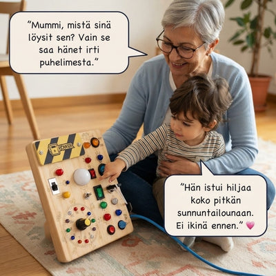 Montessori-aktivitetsbrett i tre med brytere og fargede lys