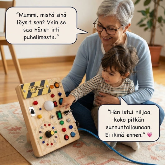 Montessori-aktivitetsbrett i tre med brytere og fargede lys