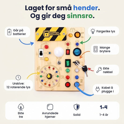 Montessori-aktivitetsbrett i tre med brytere og fargede lys