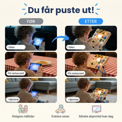 Montessori-aktivitetsbrett i tre med brytere og fargede lys