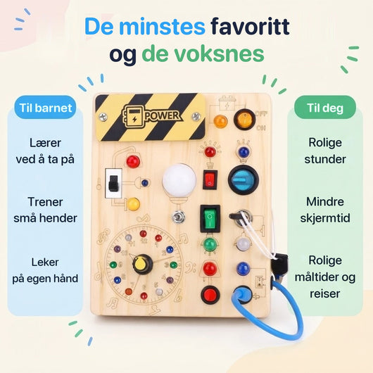 Montessori-aktivitetsbrett i tre med brytere og fargede lys