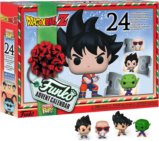 Funko Pocket Pop! Dragon Ball Z adventskalender, lådan med Goku och minifigurerna Vegeta, Goku, Mäster Roshi och Piccolo