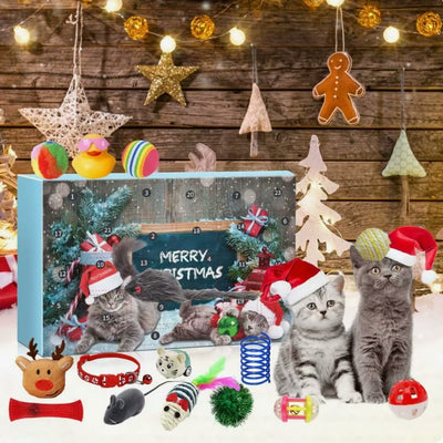 Kattens Jul adventskalender, blå ask med 24 kattleksaker