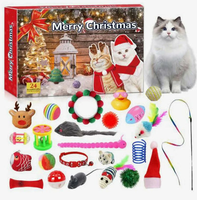 Kattens Jul adventskalender, röd ask med 24 kattleksaker