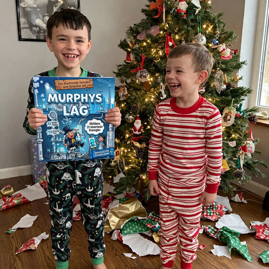 Julmorgon, pojke håller upp Murphys lag för barn vid granen