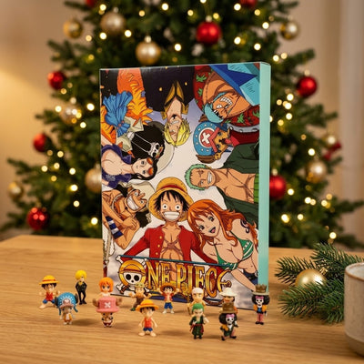 One Piece-adventskalendern med minifigurerna framför julgranen