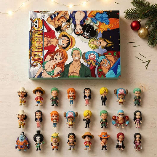 One Piece-adventskalenderns minifigurer bredvid lådan