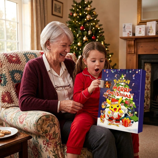 Mormor og barnebarn med den blå Pokémon-kalenderen