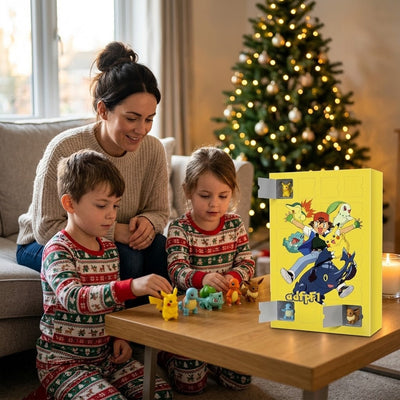 Mamma og barn med figurene fra den gule kalenderen