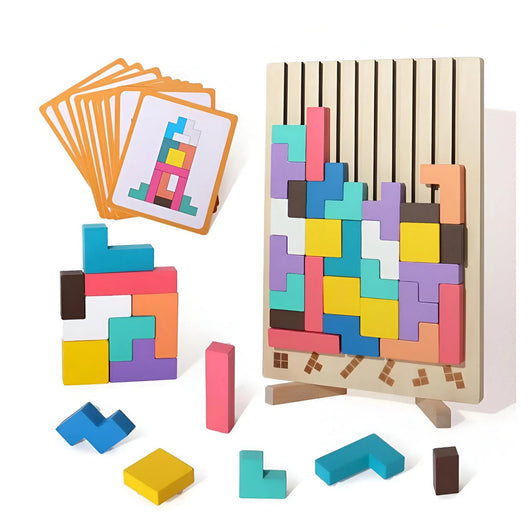 Velora Tetris-puslespill i tre med ramme, fargerike trebrikker og mønsterkort