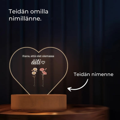 Velora akryylinen sydänlamppu, lasten nimet syntymäkukissa, puinen jalusta