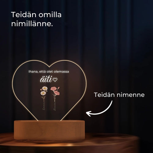 Velora™ Sydänlamppu lasten nimillä | Syntymäkukat