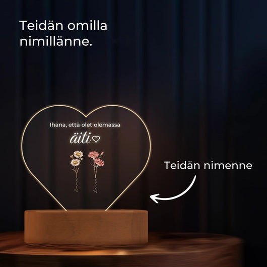 Velora akryylinen sydänlamppu, lasten nimet syntymäkukissa, puinen jalusta