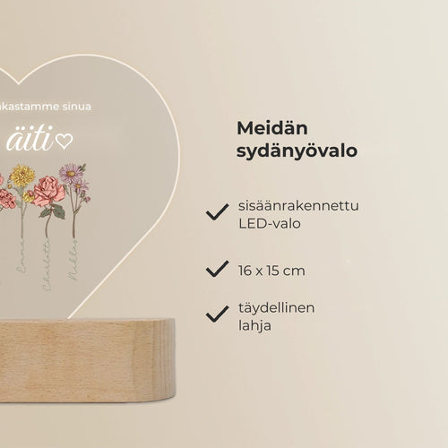 Velora™ Sydänlamppu lasten nimillä | Syntymäkukat