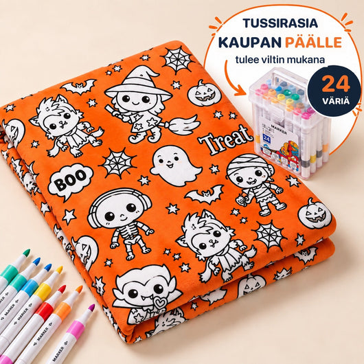 Väritysviltti Halloween oranssi ja 24 tussin rasia