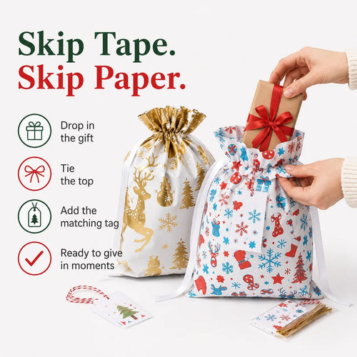 Presentpåsar med etiketter | Slå aldrig in en julklapp igen