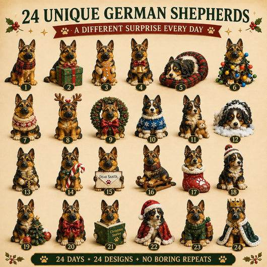 Schäferhund Adventskalender 2026 | 24 forskjellige schäferfigurer