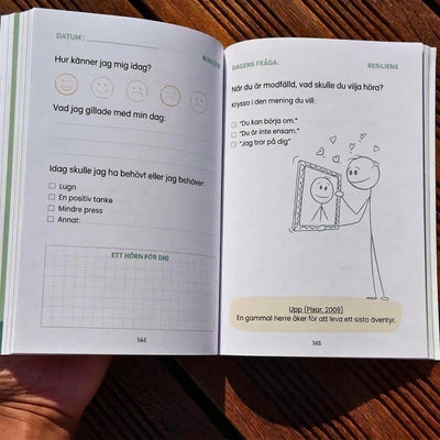 Uppslag ur boken: hur känner jag mig idag, humörgubbar och dagens fråga