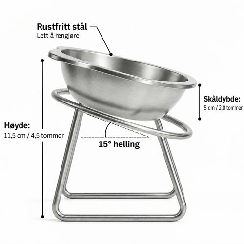 Velora Vipp™ | 15° vinklet katteskål i rustfritt stål, forhøyet 11,5 cm