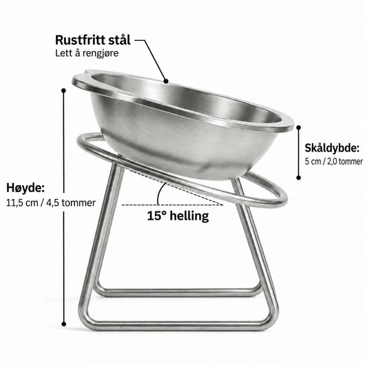 Mål: 11,5 cm høyde, 15° helling, 15 cm bred skål, 5 cm dyp, rustfritt stål